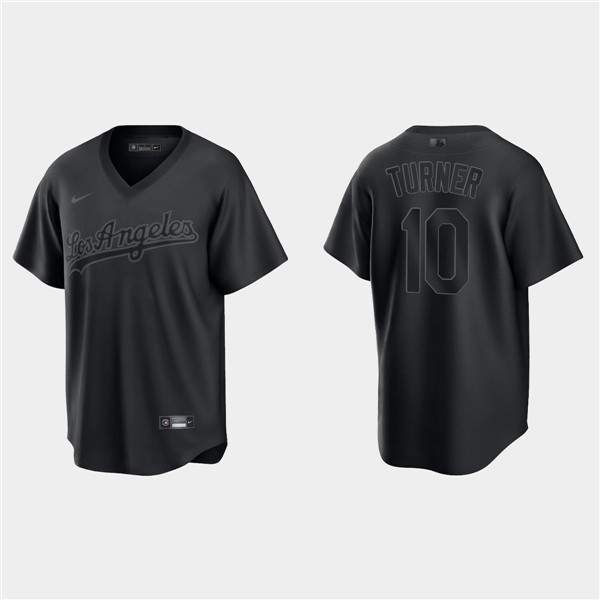 Men's Los Angeles Dodgers #10 Justin Turner Black Pitch Black Fashion Replica Stitched Jersey - Click Image to Close